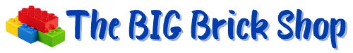 Logo with colorful LEGO bricks that says "The BIG Brick Shop"